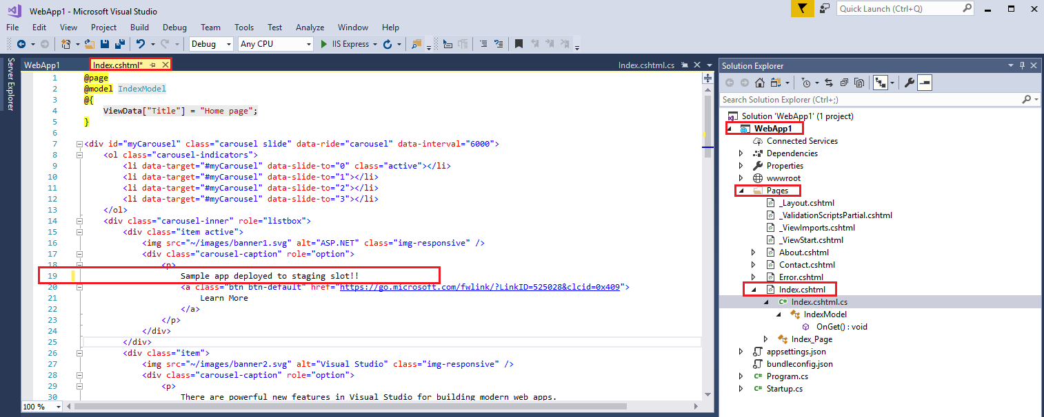 Screenshot of the Visual Studio Solution explorer with the file Pages/Index.cshtml highlighted and the updated code highlighted in the file editor 